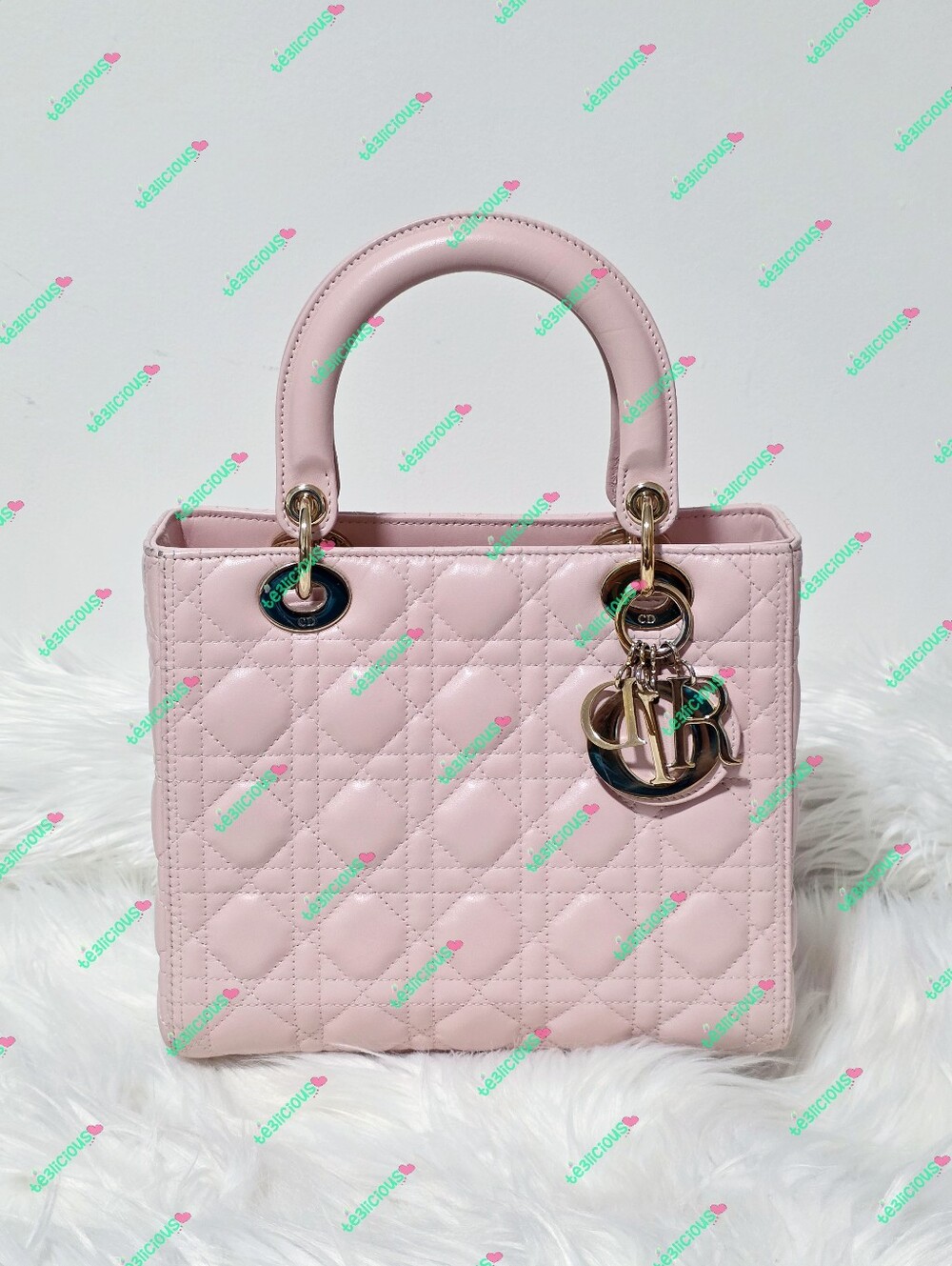 DIOR LADY DIOR LAMBSKIN LIGHT PINK MEDIUM CANNAGE QUILTED HANDBAG *100% AUTH*
